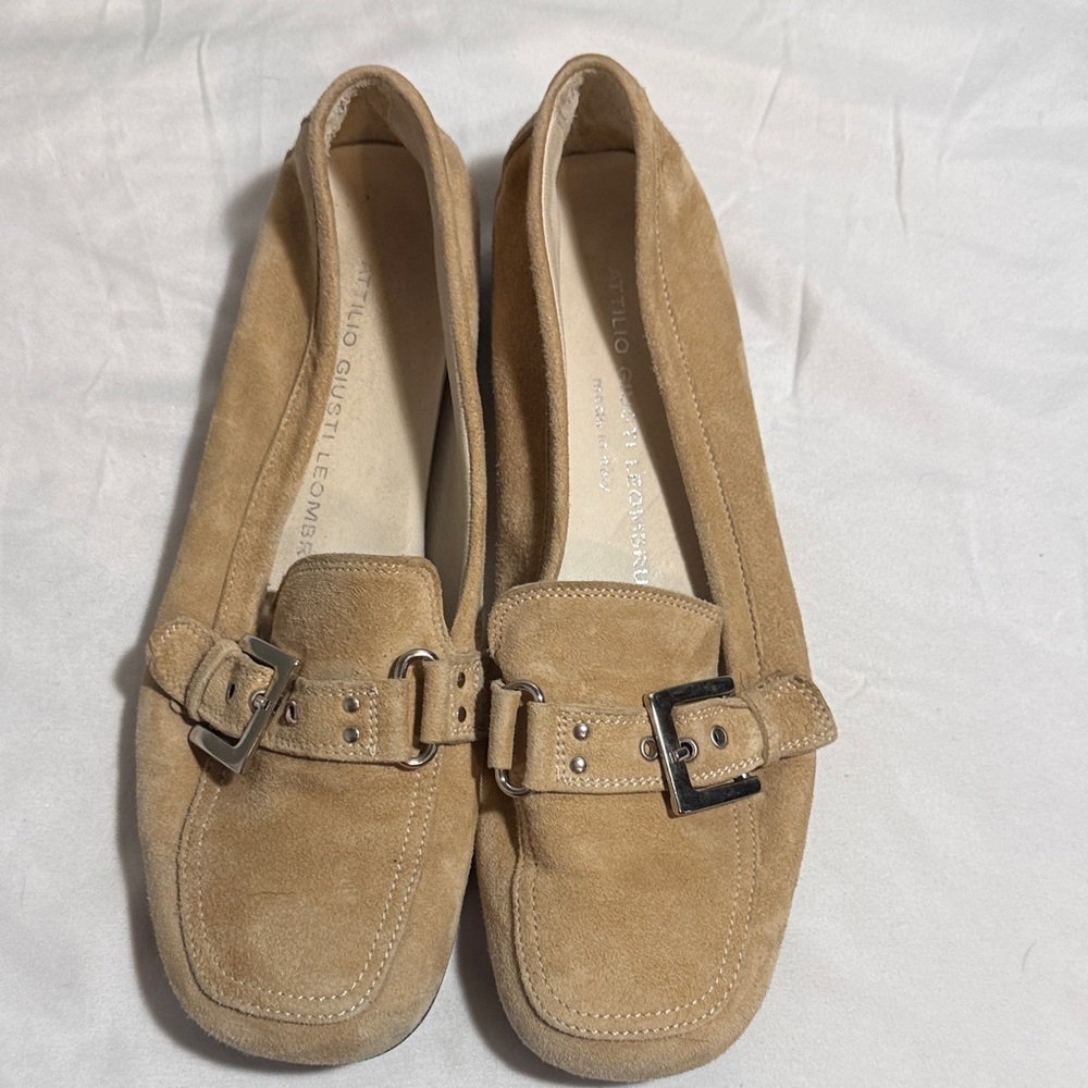 Attilio Giusti Leombruni Tan Suede Buckle Loafers